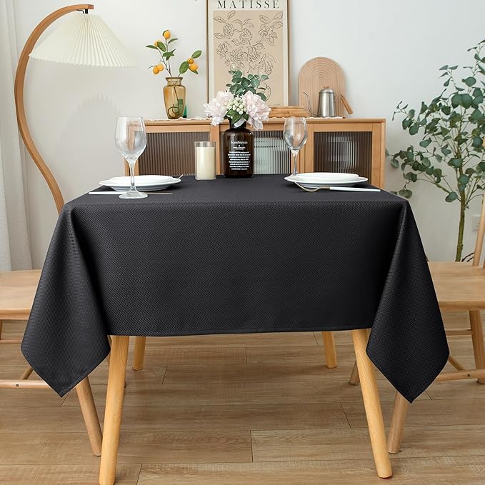 Biscaynebay Textured Fabric Square Tablecloths 70x70 Inches, Black Water Resistant Spill Proof Card Table Cloth Folding Table Cover for Dining, Kitchen, Wedding and Parties, Machine Washable