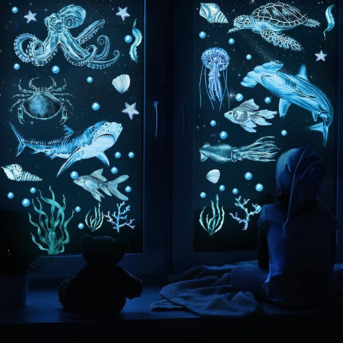 Sabary 4 Pieces Glow in The Dark Ocean Wall Decals Under The Sea Wall Decals Fish Stickers PVC Sea Animals Stickers for Room Living Room Nursery Bathroom Decoration