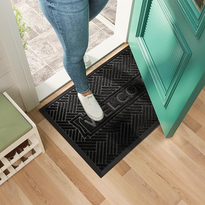 Mibao Front Door Mat Outside Entrance, Durable Outdoor Indoor Mat, Low Profile Heavy Duty Doormat, Non-Slip, Traps Dirt and Moisture, Easy Clean Patio Porch Entryway Mat, 29.5" x 17", Black