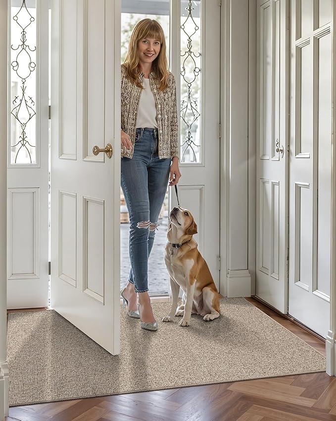 LUMI Indoor Door Mat 17"x30", Ultra Thin Low Profile Non-Slip Doormat for Home Entrance, Absorbent & Stain-Resistant Welcome Mats, Washable Entryway Mat for Front Door, Patio, Porch, Khaki
