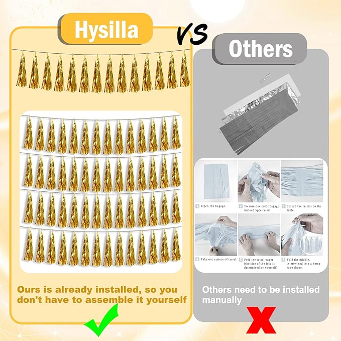 4P Gold Foil Fringe Metallic Tassel Streamers Banner Tassel Garland for Parade Floats, Bachelorette, Wedding, Birthday, Halloween, Christmas, Bridal/Baby Shower Party Decorations