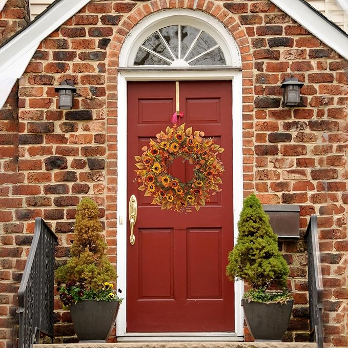 22 inch Artificial Fall Wreaths for Front Door,Autumn Wreath with Eucalyptus Leaves and Chrysanthemum Suitable for Indoor Outdoor Harvest Festival Thanksgiving Day Farmhouse Holiday Decor.