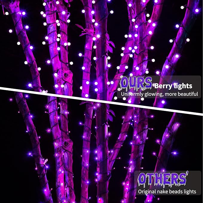 Brizled Purple Halloween Lights, 66ft 200 LED String Connectable, 8 Modes Berry Lights With Timer, Outdoor Plugin for Garden Tree Indoor Party