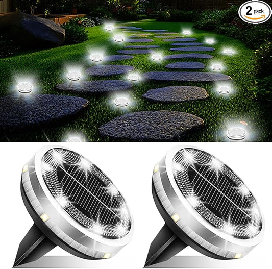 Solar Ground Lights Outdoor 2 Pack Waterproof, Upgraded Solar Garden Lights with 4 Side Light, Stainless Steel Solar Powered Disc Landscape Light for Walkway Pathway Lawn Yard Patio Deck-Cool White