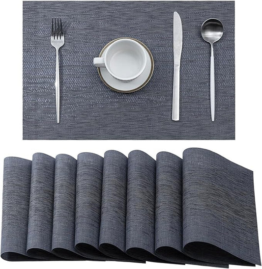Leetaltree Denim Blue Placemats Set of 8 - Heat Resistant Non-Slip Place mats for Dining Table, Washable Durable PVC Vinyl Woven Table Mats（Denim Blue, 8）