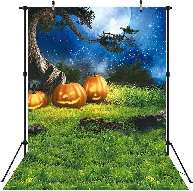 5x7FT Halloween Backdrop for Photography Grass Pumpkin Moonlight Decoration for Portrait Background Party Banner Photo Booth Shoot Props