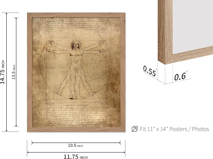 Poster Master Classic Leonardo Da Vinci Poster - Vintage Renaissance Print - Gift for Artist, Friend - Vitruvian Man, Proportion, Symmetry, Human Body - Wall Decor for Office, 11x14 Beige Framed