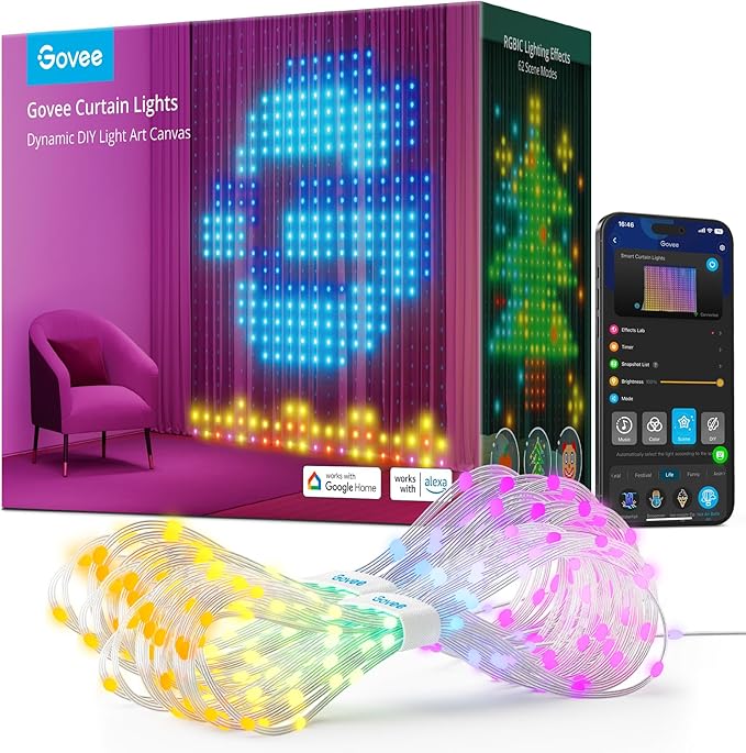 Govee Curtain Lights, Smart LED Color Changing Wall Lights, Dynamic DIY Curtain String Lights for Bedroom Living Room Holiday Decor, Outdoor IP65 Waterproof，4.9x6.6ft, 520 RGBIC LED