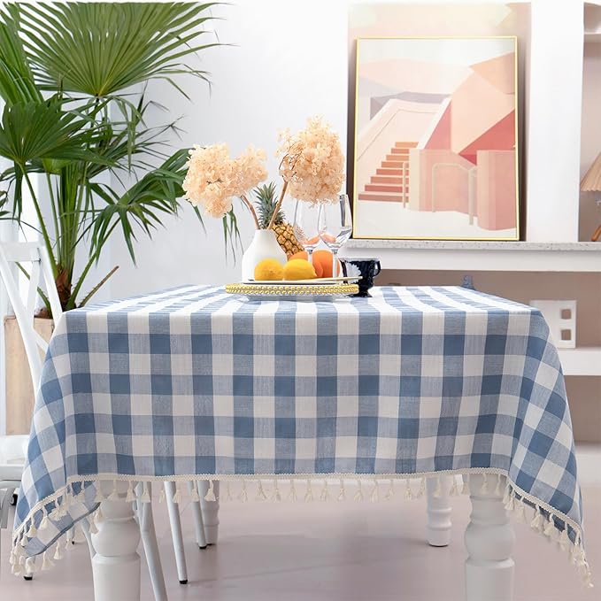 Checkered Tablecloth Rectangle, Heavy Weight Cotton Gingham Table Cloth Plaid Table Cover for Spring Summer Picnic Kitchen Dinner Restaurant Outdoor Easter Party（55x84,Blue