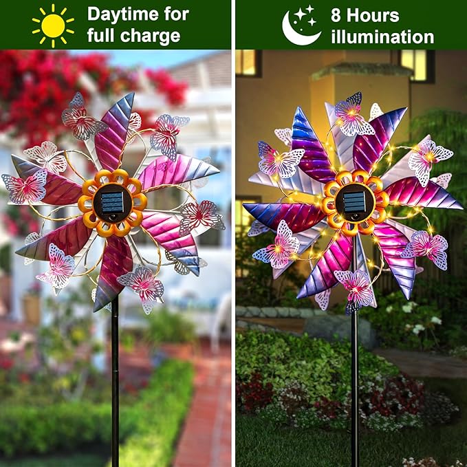 Solar Wind Spinners for Yard and Garden - 61.5 Inch 360° Metal Large Wind Sculptures Outdoor Clearance Kinetic Windmills with Vine String Shining LED Lights for Patio, Lawn Garden Decoration