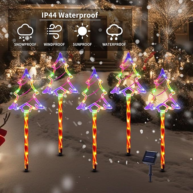 Christmas Solar Pathway Lights Outdoor Decorations， 8 Modes Xmas Tree Candy Lights Waterproof Led Garden Stake Light for Walkway Yard Lawn Porch Holiday Decor 5-Pack (Multicolor Tree, 5 Pack)