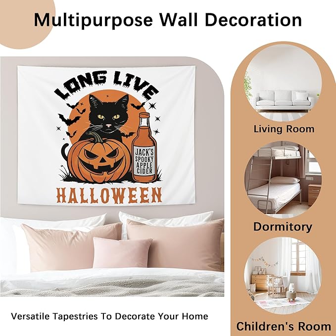 NATSUNO Halloween Tapestry, Long Live Halloween Wall Tapestry for Bedroom, Trendy Black Cat Pumpkin Apple Cider and Bats Tapestries Wall Hanging for Home Living Room Decor, 50x60 Inches