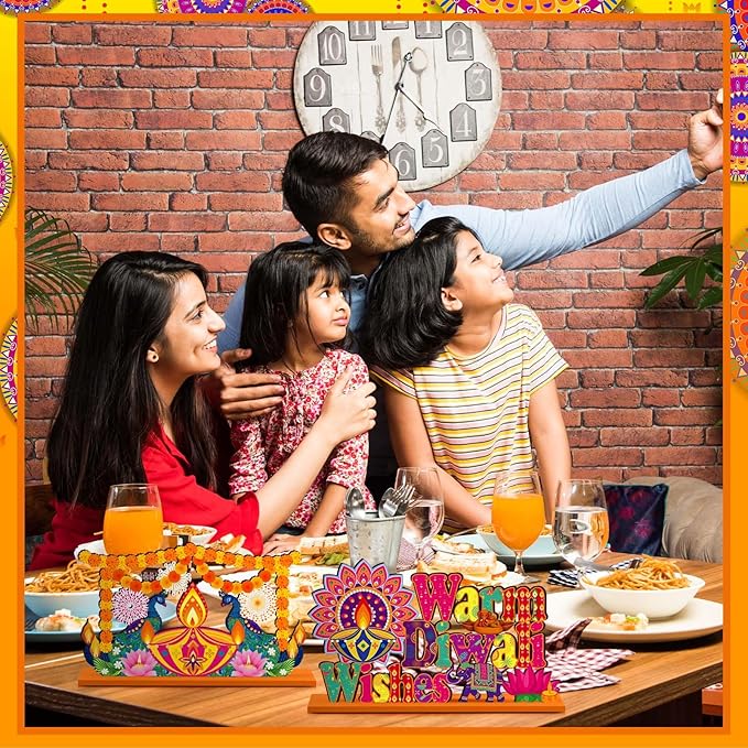 6 Pcs Diwali Wooden Table Centerpiece Warm Diwali Washes Wooden Table Sign Festival Candle Elephant Peacock Signs Farmhouse Wood Tabletop Decor for Home Party, 6 Styles