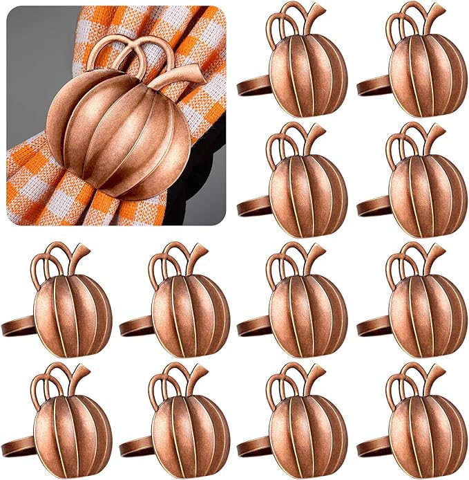 Patelai 12 Pieces Pumpkin Napkin Rings Fall Napkin Holders Thanksgiving Halloween Dinner Tables Rings for Thanksgiving Dinner Party Weddings Family Gatherings (Bronze)
