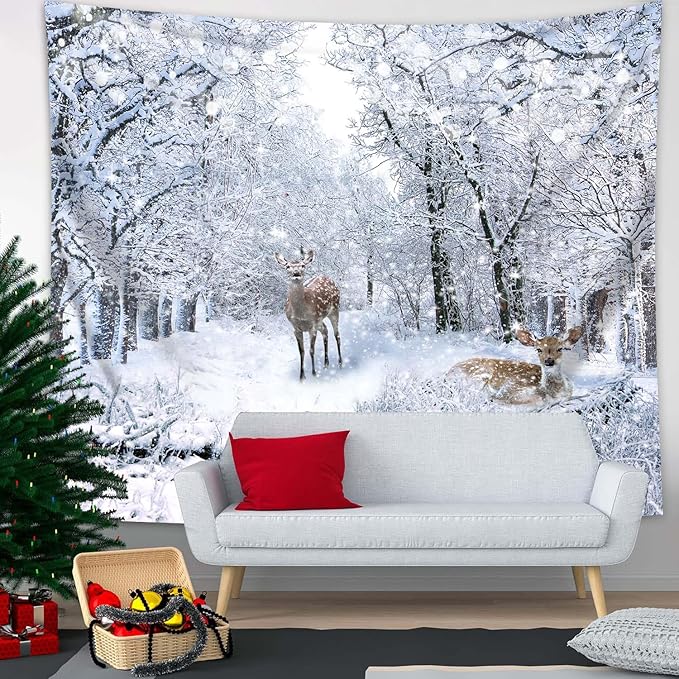 QGHOT Winter Tapestry Wall Hanging, Snow Scene Backdrop Winter Wonderland Wall Decor Snowy Forest Wall Art Nature Woodland Deer Tapestry for Bedroom Room Dorm Party Decoration, Extra Large