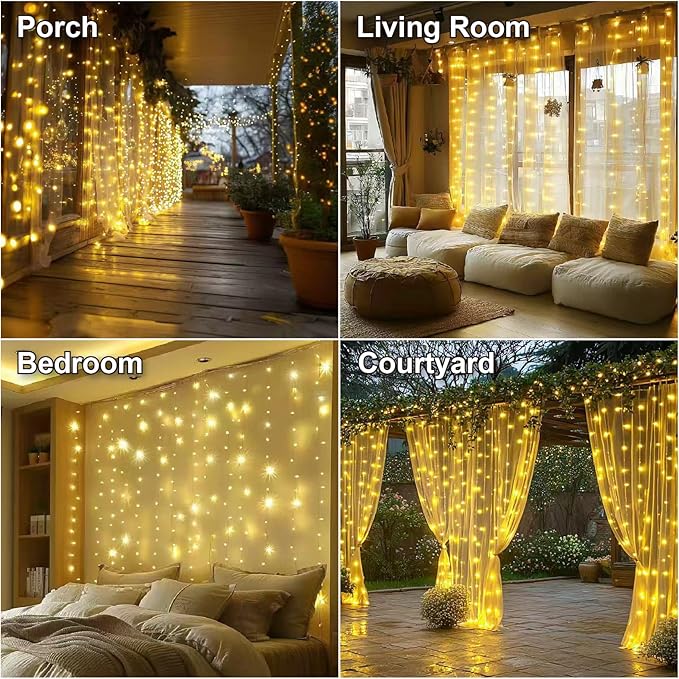 HXWEIYE 300LED Fairy Curtain Lights, 9.8x9.8Ft Warm White USB Plug in 8 Modes Christmas String Hanging Lights with Remote for Bedroom, Indoor, Outdoor, Weddings, Party