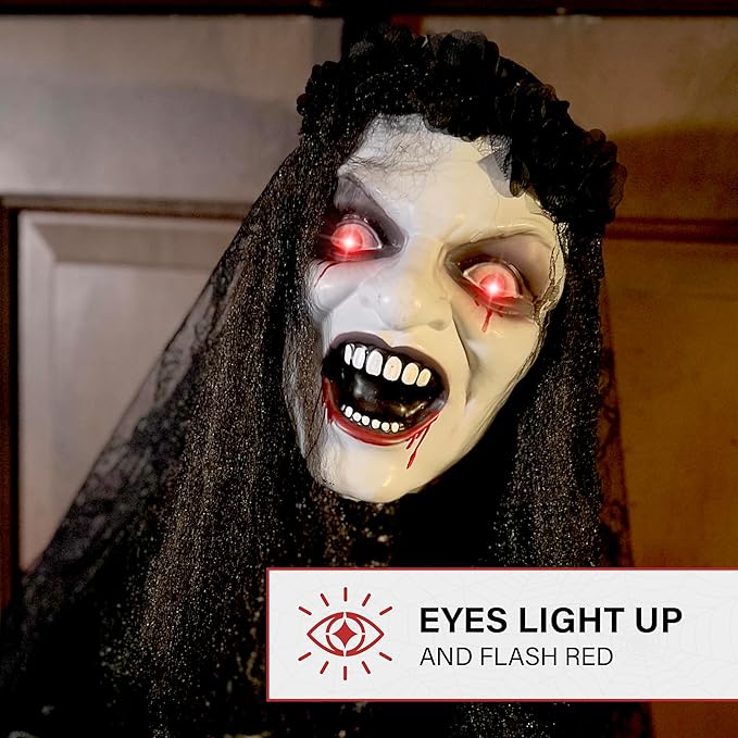 Haunted Hill Farm Animatronic Scary Demon Widow Door Greeter with Touch Activated Lights and Sound, Battery-Operated Indoor or Covered Outdoor Halloween Decoration