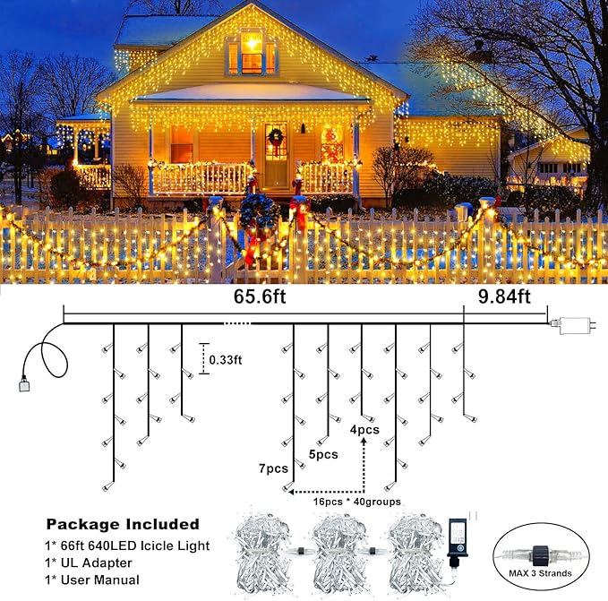 Icicle Christmas Lights Outdoor, 66FT 640 LED Icicle Lights for Outside with 8 Modes Timers, Waterproof Plug in Connectable String Light for House Yard Patio Eave Wedding Decorations, Warm White
