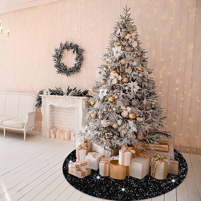 Black Tree Skirt Christmas 21 Inch Decorated Sequin Tree Skirt Velvet Xmas Tree Mat Soft Thick Tree Cover Base Sparkling Small Skirt for Artificial Trees Halloween Supply for Home Family Decorations