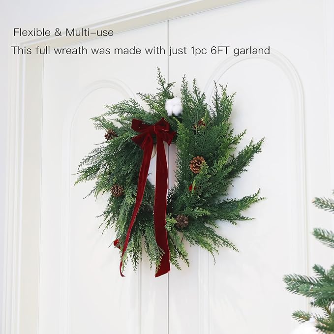 2PCS 6FT Christmas Cedar Garland Full Real Touch Artificial Green Faux Cypress Realistic Pine Garland for Mantle Fireplace Table Home Decoraiton