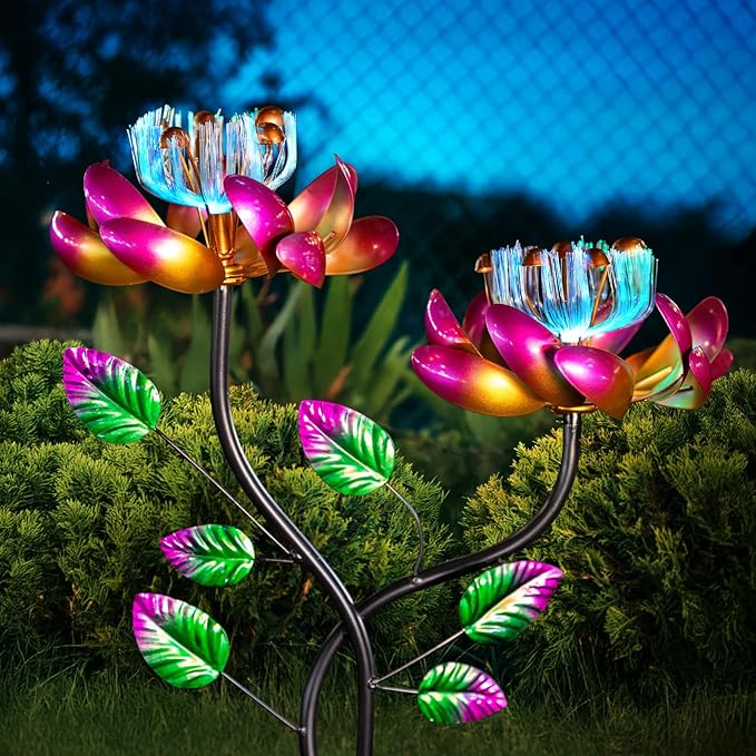 Solar Wind Spinners Pink Twin Flowers for Yard and Garden, Solar Windmill Garden Whirligig Kinetic Spinners Decor for Lawn, Patio, Yard, Metal Wind Outdoor Sculpture