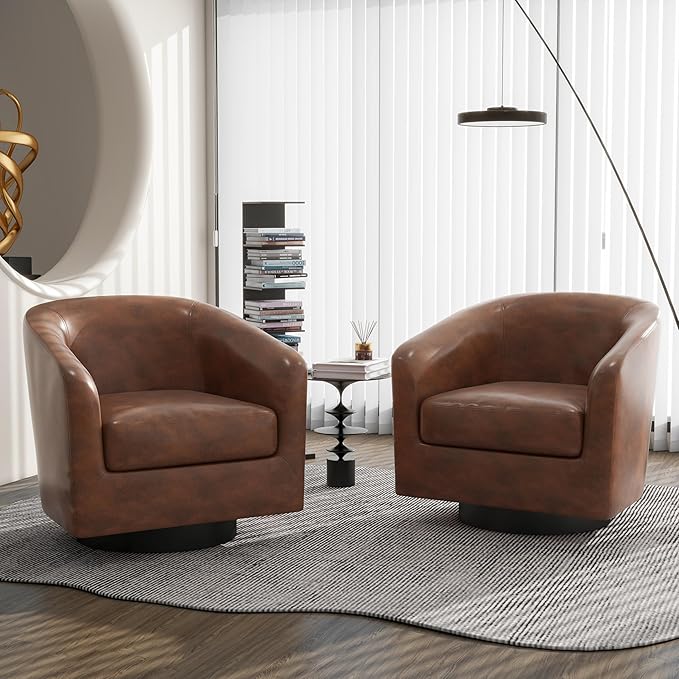 Swivel Barrel Accent Chair, Modern Round Faux Leather Arm Chair for Living Room, Bedroom, Comfy Club Reading Chairs for Adults(Faux Leather, Coffee, Set of 4)