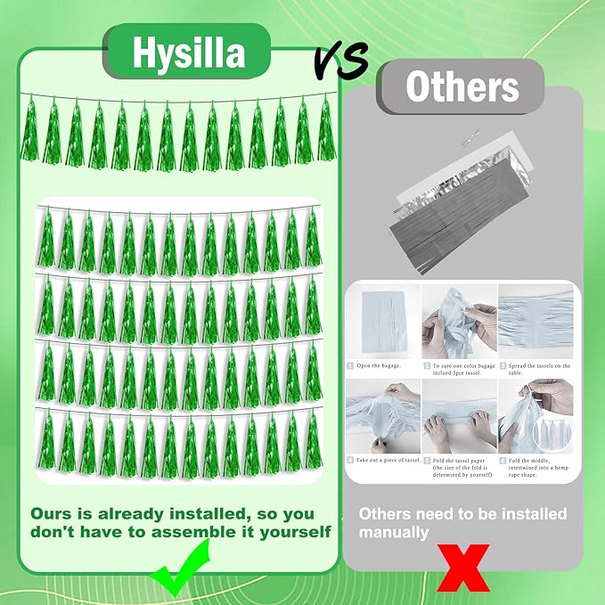 4P Green Foil Fringe Metallic Streamers Banner Tassel Garland for Parade Floats, Bachelorette, Wedding, Birthday, Halloween, Christmas, Bridal/Baby Shower Party Decorations