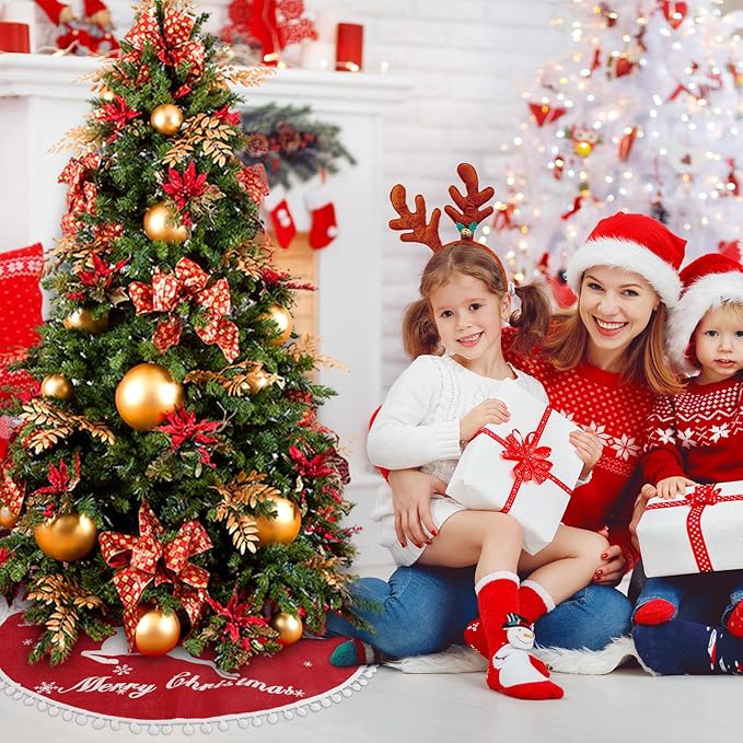 36 Inch Christmas Tree Skirt, Burlap Red Christmas Rustic Tree Skirt with Elk Deer and White Snowflake Printed for Holiday Party Xmas Tree Decoration