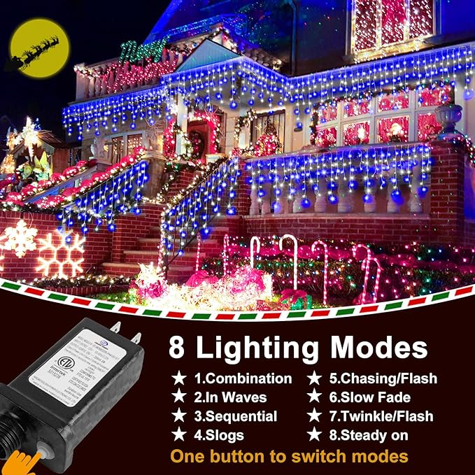 KNONEW Christmas Lights Outdoor Decorations 400 LED 33ft Curtain Fairy String Light with 75 Drops(Blue and White)