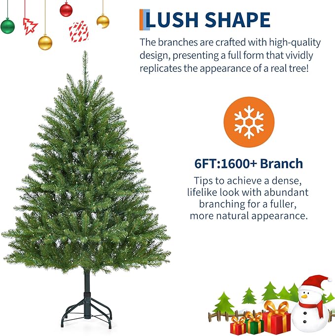 6FT Pre-Lit Artificial Christmas Tree with Color Lights,Green PE & PVC Artificial Xmas Tree,Easy Assembly, Full Branch Tips& Foldable Stand for Home, Office, Party Decoration for Xmas Holiday