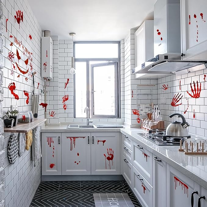 Scary Halloween Decorations Bloody Handprint Footprint Stickers Clings Decals Window Bathroom Floor Restroom，Horror Party Decor Halloween Indoor/Outdoor Decoration