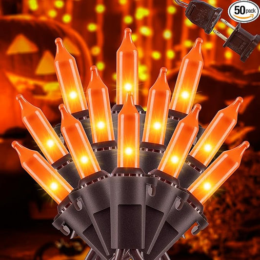 YOUNGAR Orange Halloween & Christmas Lights - 13FT, 50 UL Approved, Incandescent Mini Lights with Brown Wire, Plug in for Indoor & Outdoor Tree, Patio, Garden Xmas Decor