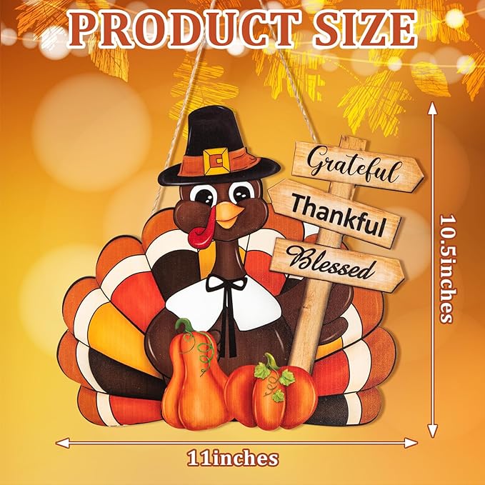 Thanksgiving Decoration Wooden Turkey Pumpkin Door Wreath for Front Door Sign Wall Signs, Thankful Blessed Grateful Pumpkin Sign Hanging for Fall Autumn Harvest Home Halloween Decoration