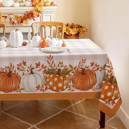 Romanstile Fall Tablecloth Rectangle, Thanksgiving Autumn Harvest Pumpkin Buffalo Plaid Table Cloth, Stain Resistant Washable Table Cover for Party/Dining/Holiday- Orange Checkered, 60x 144 Inch