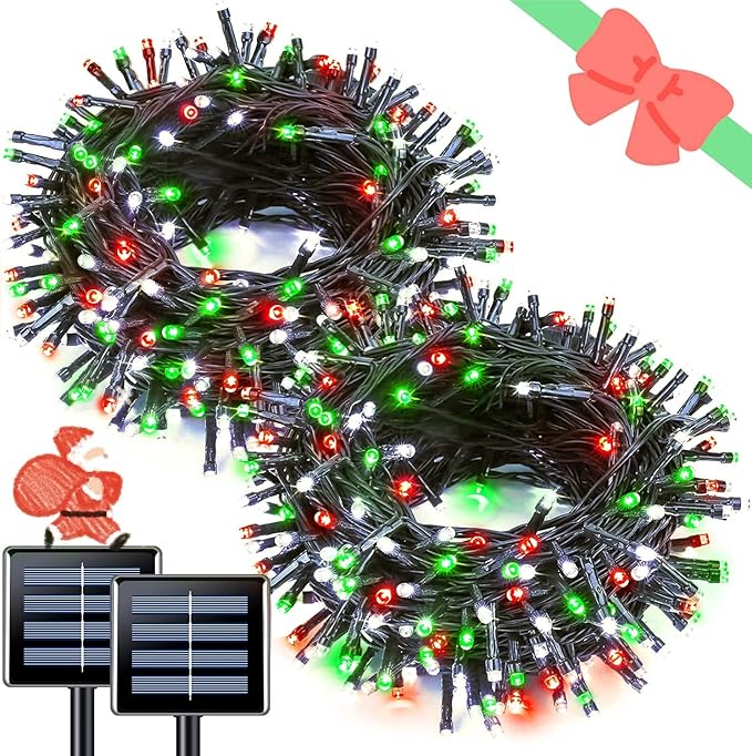 JMEXSUSS Red White and Green Christmas Lights, 2 Pack 100 LED 33 FT Solar Christmas Lights Outdoor Waterproof, Outdoor Solar String Lights for Outside Garden Yard Christmas Tree Decor