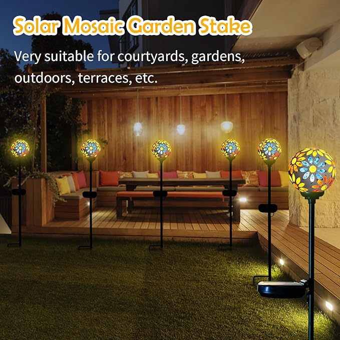 Afirst Solar Lights Outdoor Decorative - Solar Gazing Ball Mosaic Garden Stakes Flower Decorative Lights Waterproof for Pathway Yard Lawn Decoration Yellow