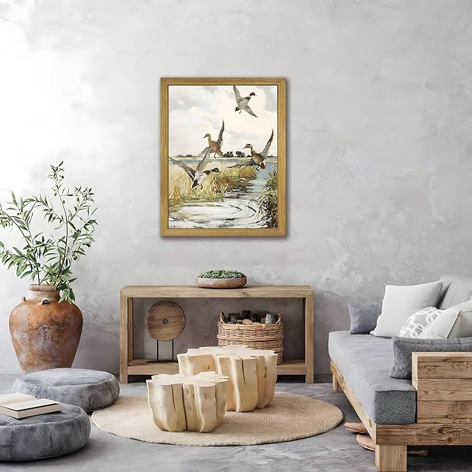 Framed Vintage Duck Wall Art Print, Rustic Mallard Watercolor Canvas Poster Wall Decor, Country Wildlife Bird Illustration for Farmhouse Living Room Kitchen Bedroom Decor 16x24 Inch