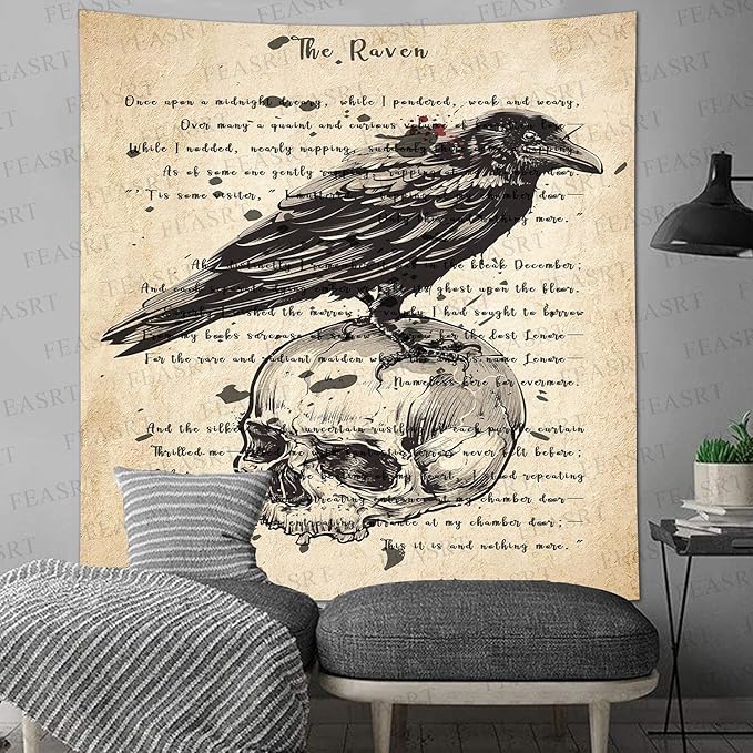 Tapestry Wall Hanging Ancient Raven Hymn Wall Decor for Gothic Rustic Home Room, 84x90 Inches Soft Flannelette, Gothic Skull and Raven Dictionary Poster GTQQAY1546