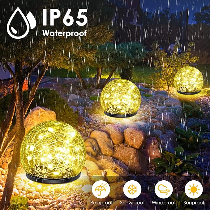 Solar Garden Lights, 2 Pack 60 LED Cracked Glass Solar Globe Lights Outdoor Decoration, Upgraded Waterproof Warm White LED Lights for Yard Pathway Patio Lawn Christmas Outside Decor, 4.73"