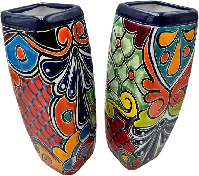 Talavera Planter Pot Square Vase Folk Art Mexican Pottery Handmade Hand Painted Home Decor Indoor Multicolor Outdoor 9.25" (Multi 22)