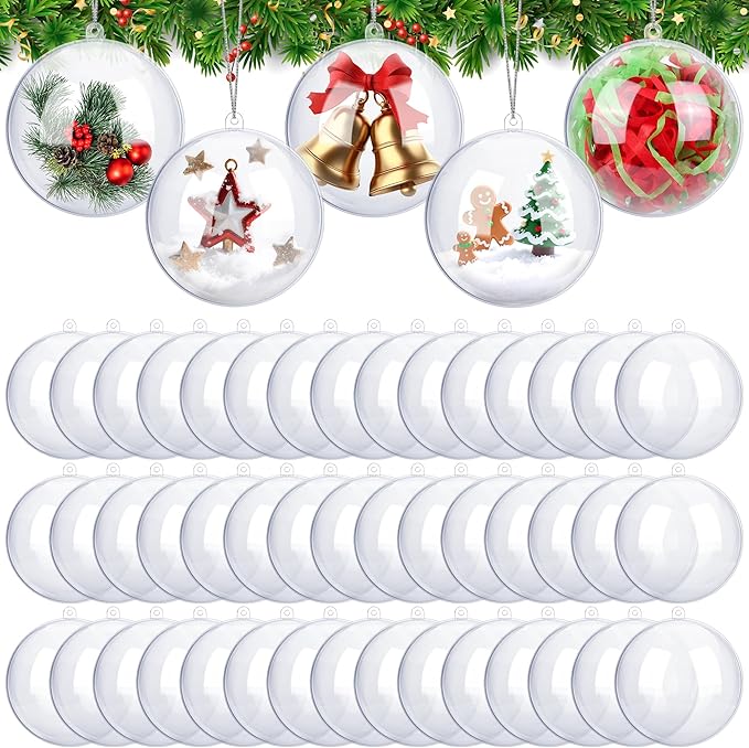 ANVAVO 50 Pieces 10 cm Christmas Clear Plastic Fillable Ball Ornaments DIY Craft Transparent Baubles Shatterproof Christmas Tree Hanging Ornaments for Xmas New Years Birthday Wedding Home Decor