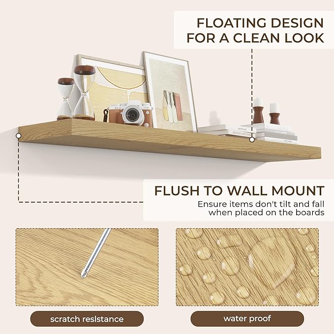 RICHFOCUS 55Inch Floating Shelves for Wall 2 Pack Shelves for Bedroom|Kitchen|Bathroom Wall Mounted Rustic Wood Floating Shelf with Invisible Brackets for Books|Storage|Decor, Oak