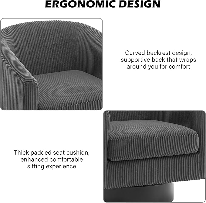 Swivel Barrel Accent Chair, Modern Round Corduroy Fabric Arm Chair for Living Room, Bedroom, Comfy Club Reading Chairs for Adults (Corduroy Grey, Set of 2)