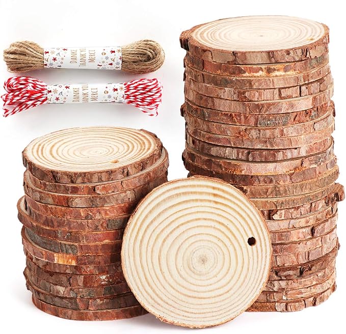50Pcs Wood Slices 2.4"-2.8" Unfinished Wood Rounds with Pre-drilled Hole and 66Feet Twine String, Natural Wood for Crafts for Home Decor Painting DIY Christmas Ornaments Party Wedding Decor