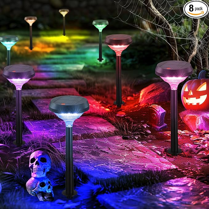 Linkind Solar Pathway Lights 8 Pack, Color Changing Halloween Decorations Outdoor Waterproof, Multicolor Warm Cool White Solar Halloween Lights for Walkway Yard Garden Landscape
