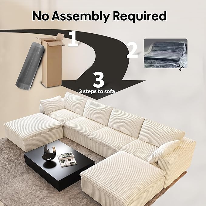 157.5" U Shaped Modern Sofa Modular Sectional Cloud Couch with 2 Ottoman,Deep Seat Upholstered Couches with Corduroy Fabric for Living Room Furniture,Bedroom and Apartment,No Assembly Required,White