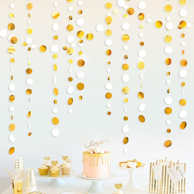 46 Feet White and Gold Circle Dots Garland Hanging Paper Polka Dots Streamer for Birthday Bachelorette Engagement Anniversary Wedding Baby Bridal Shower Christmas Holiday Party Decorations Supplies