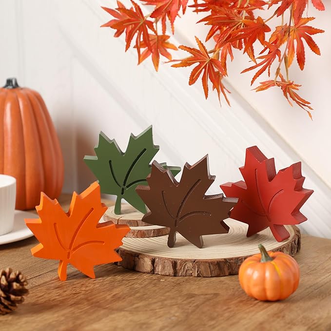 4pcs Fall Leaves Decorations Farmhouse Thanksgiving Table Decor Centerpiece Wooden Maple Leaf Signs Block for Autumn Harvest Tiered Tray Party Shelf Display