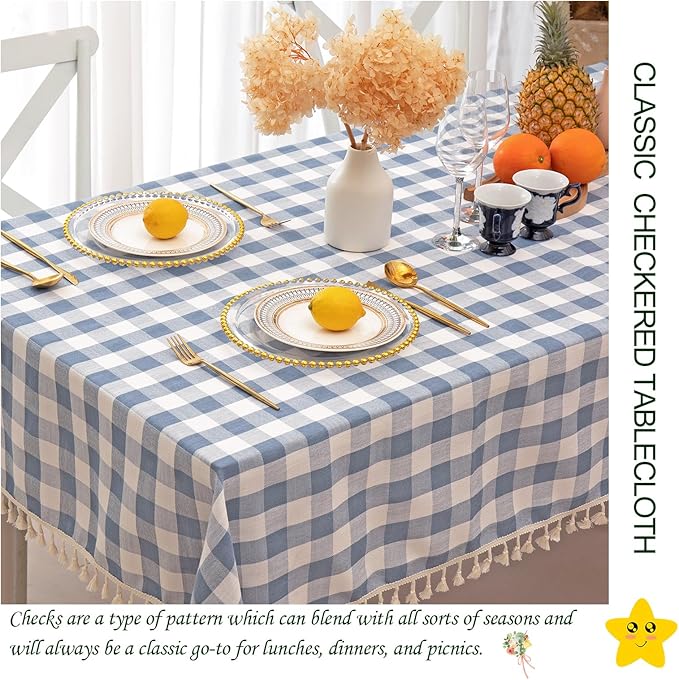 Checkered Tablecloth Rectangle, Heavy Weight Cotton Gingham Table Cloth Plaid Table Cover for Spring Summer Picnic Kitchen Dinner Restaurant Outdoor Easter Party（55x84,Blue