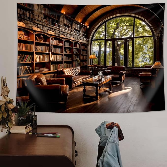 dueeia Book Library Tapestry Wall Hanging Medieval Bookshelf Vintage Window Bookcase Backdrop Wall Decor for Bedroom Aesthetic Living Room Office (59.1"x51.2")